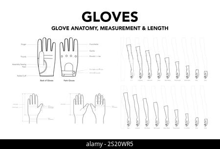 Set mit Handschuhen Details - Messung, Länge, Anatomie technische Mode-Accessoires Illustration. Ansicht der flachen Handbekleidung. Frauen Männer Unisex CAD Modell isoliert auf weißem Hintergrund Stock Vektor