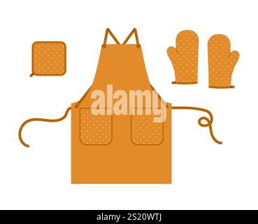 Set von Schürzen, Ofen Handschuhe und Topfhalter Cartoon Sepia Polka Dot Muster Mode Hand Accessoire Kleidung technische Illustration Kleid. Vektor für Männer, flache Vorlage des Frauenstils auf weißem Hintergrund Stock Vektor