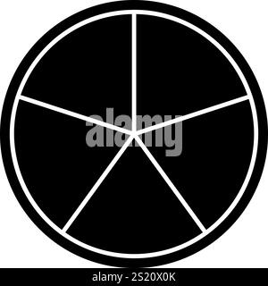 Schwarzer Kreis, unterteilt in 5 Fraktionen, isoliert auf weißem Hintergrund. Runde Form in fünf gleiche Teile geschnitten. Einfaches Kreisdiagramm, Statistikrad, Kreis- oder Ringdiagramm. Vektorabbildung. Stock Vektor