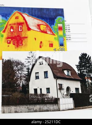 Energieeinsparung durch Wärmedämmung. Haus mit Wärmebildkamera fotografiert. Österreich Stockfoto