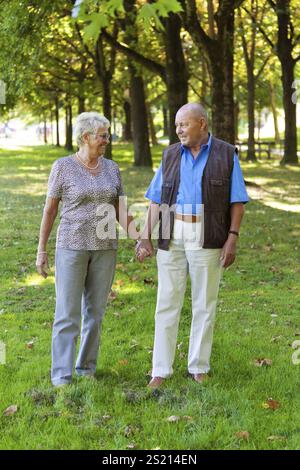 Das ältere Seniorenpaar ist verliebt. Spazieren Sie auf einer Wiese in Österreich Stockfoto