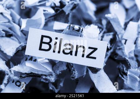 Papierschredder mit Schlüsselwort Bilanz, symbolischem Foto für Datenvernichtung, Bilanzierung und wirtschaftliche Analyse Österreich Stockfoto