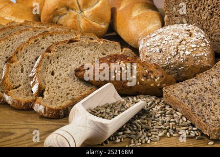 Verschiedene Brotsorten. Gesunde Ernährung durch frische Backwaren. Österreich Stockfoto