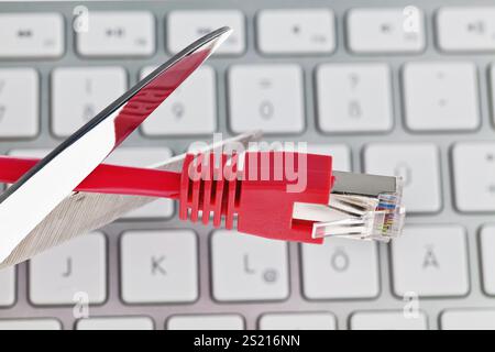 Das rote, defekte Kabel eines Netzwerks von einem Computer. Österreich Stockfoto