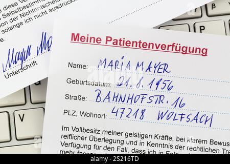 Ein Lebenswille auf Deutsch. Anweisungen für den Arzt oder das Krankenhaus im Falle einer tödlichen Erkrankung. Österreich Stockfoto
