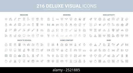 Babypflegeartikel und -Spielzeug, Spiele von Aktivitäten für Kinder, zurück in die Schule, Hochzeitsfeier Linie Icon Set. Notfallmedizin und medizinische Geräte, Labortests dünne schwarze Umrisssymbole Vektor-Illustration Stock Vektor