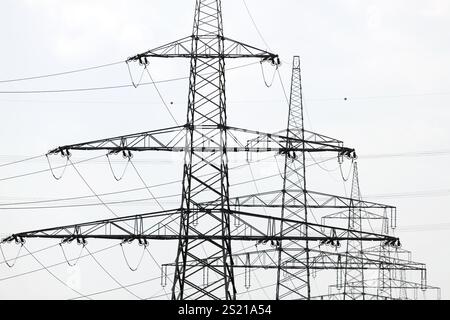 Viele Pylonen einer Stromleitung. Hochspannungsmasten vor dem offenen Himmel Österreich Stockfoto