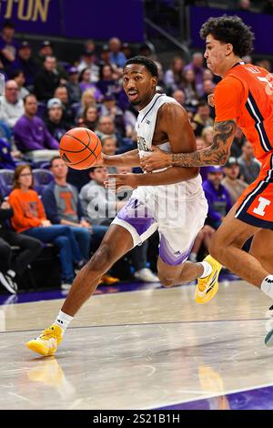 Seattle, Washington, USA. Januar 2025. Der Wächter der Washington Huskies Mekhi Mason (0) fährt während des NCAA Basketballspiels zwischen den Illinois Fighting Illini und den Washington Huskies in Seattle, Washington, zum Korb. Illinois besiegte Washington 81–77. Steve Faber/CSM/Alamy Live News Stockfoto