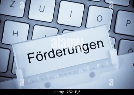 Der Ordner einer Hängeakte vor einer Computertastatur zum Thema Subventionen Österreich Stockfoto