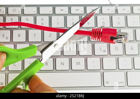 Das rote, defekte Kabel eines Netzwerks von einem Computer. Österreich Stockfoto