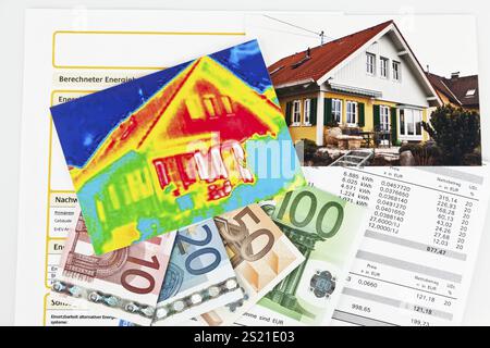 Energieeinsparung durch Wärmedämmung. Haus mit Wärmebildkamera fotografiert. Österreich Stockfoto