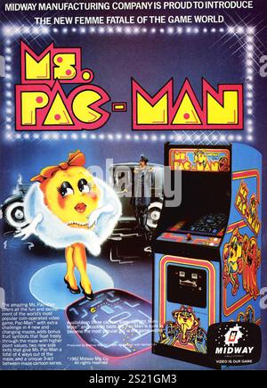1982 Midway Mrs Pac-Man Arcade-Spielwerbung Stockfoto
