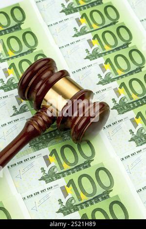 Richterhammer und Euro-Banknoten. Symbolfoto für Kosten vor Gericht, Rechtsstaatlichkeit und Auktionen Stockfoto