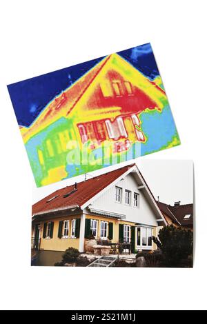Energieeinsparung durch Wärmedämmung. Haus mit Wärmebild fotografiert. Österreich Stockfoto