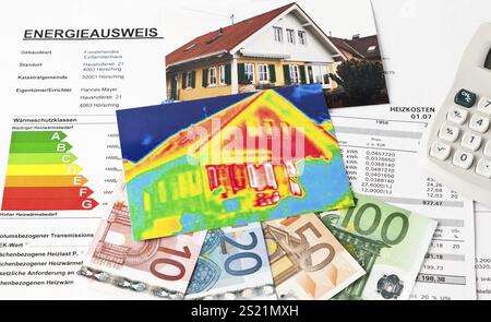 Energieeinsparung durch Wärmedämmung. Haus mit Wärmebildkamera fotografiert. Österreich Stockfoto