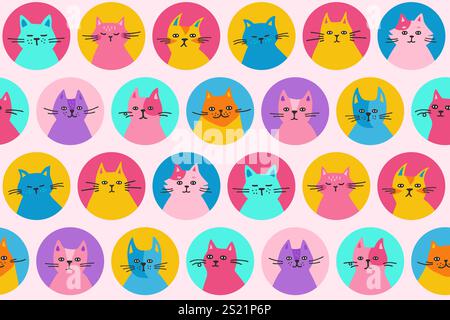 Katzen handgezeichnetes kindliches nahtloses Muster. Farbige, einfache Kätzenkopf-Wiederholtapete. Lustige Katzen im Kreis endloses Design für Papierdruck, Stoff Textil, Wrapper Hintergrund Vorlage Vektor für Kinder Stock Vektor