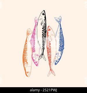 Handgezeichnete Makrelen-Illustration mit Retro-Farben in minimalistischem Stil. Das Design zeichnet sich durch klare Linien und eine Vintage-Farbpalette aus Stock Vektor