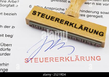 Ein Holzstempel liegt auf einem Dokument. Deutsche Inschrift: Steuererklaerung Österreich Stockfoto