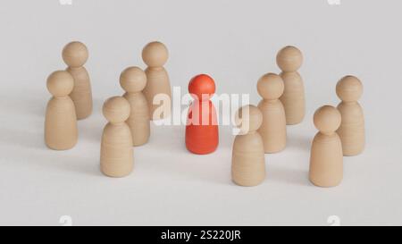 3D-Illustration von zwei Gruppen von Bauern und einem Mittler in der Mitte. Abstraktes Schlichtungskonzept zwischen zwei Parteien. 3D-Rendering Stockfoto