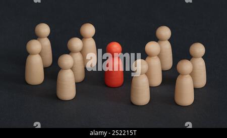 3D-Illustration von zwei Gruppen von Bauern und einem Mittler in der Mitte. Abstraktes Schlichtungskonzept zwischen zwei Parteien. 3D-Rendering Stockfoto