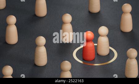 3D-Illustration von zwei roten Schachfiguren innerhalb einer reden-Herzform mit anderen Schachfiguren um sie herum.3D-Rendering auf schwarzem Hintergrund. Stockfoto