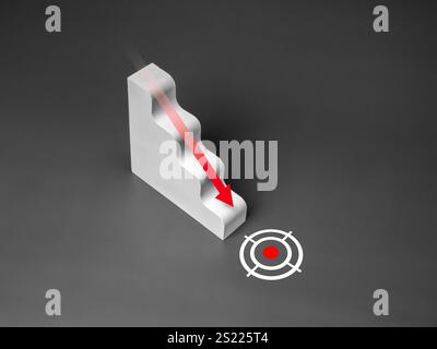 Roter Pfeil fällt von der weißen, modernen Treppe, als ein abnehmender Business Graph nach unten, der zum Pistolenziel-Symbol auf dunklem Hintergrund führt. Finanzkrise, Bankru Stockfoto