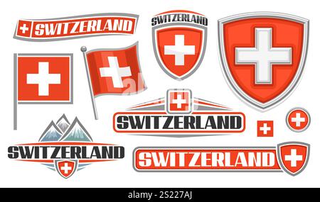 Vektor-Set für die Schweiz, Sammlung von ausgeschnittenen Illustrationen dekorative schweiz-Tags und rote Fahnen mit Fahnenmast, Gruppe von verschiedenen horizontalen Stock Vektor