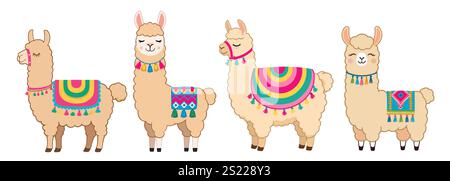 Niedliche Zeichentrick-Lama Alpaca-Vektor-Illustrationen Set Stock Vektor