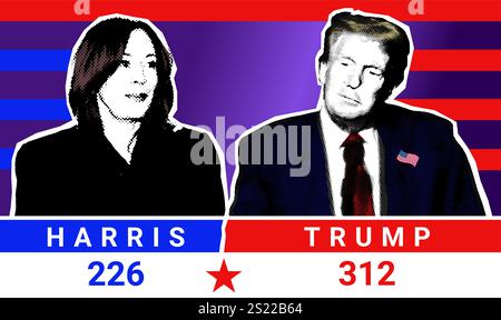 Ergebnisse der Präsidentschaftswahlen 2024. Porträt von Donald Trump und Kamala Harris. Collage illustrative Fotografie für die USA 2024 Stockfoto