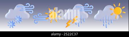 Moderne Wettervorhersage-Symbole in 3D - Schneefall mit Wind, Sonne mit Brise, Gewitter mit Blitzen und Regentropfen, Nieselregen von Wolken unter hellem Sonnenlicht. Realistische Vektor-atmosphärische Elemente Stock Vektor