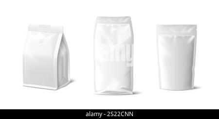 Papiertüten-Modell-Set für Kaffeeverpackungen - weiße leere Beutel in verschiedenen Formen mit Reißverschluss und Ventil. Realistische Doypack-Behälter für Snack-Lebensmittel. Vorlage für Branding oder Produktpräsentation. Stock Vektor