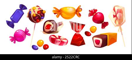 Lollipop-Süßigkeiten mit glänzenden Verpackungen - dekorierte Schokoladenbonbons, elly-Bohnen, gestreifte Pfefferminzkreise, gewickelte Karamelle, kristalline Zuckerstangen. Farbenfrohe Süßwaren für das Design von Geschäften Stock Vektor