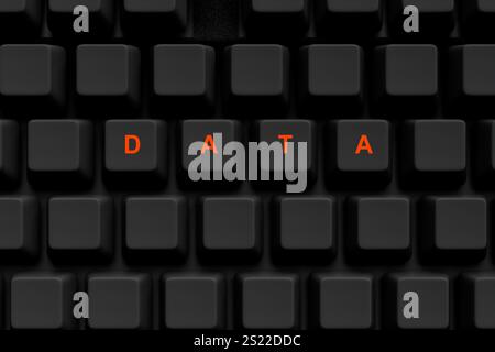 Nahansicht der schwarzen Tastaturtasten, die die Wortdaten in orangefarbenen Buchstaben buchstabieren. 3D-Rendering Stockfoto