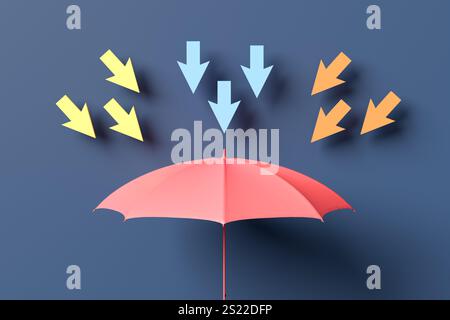 Der rote Regenschirm schützt vor bunten Pfeilen, die nach unten fallen und Schutz und Sicherheit symbolisieren. 3D-Rendering. Stockfoto