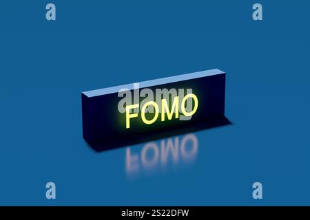 Angst, das Konzept zu verpassen. Das leuchtende FOMO-Zeichen reflektiert eine blaue Oberfläche und symbolisiert die durchdringende Natur sozialer Angst im Di Stockfoto