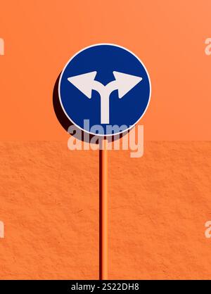 Blaues und weißes Straßenschild mit links- und Rechtsrichtung, das auf eine Wahl, Entscheidungsfindung oder ein Dilemma hinweist, auf orangefarbenem Hintergrund. 3D-Rendering Stockfoto