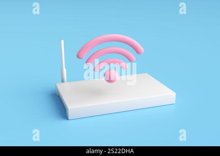 Minimalistisches Rendering eines weißen WLAN-Routers, der ein rosafarbenes WI-FI-Signal aussendet und ein Konzept des drahtlosen Netzwerks vermittelt. 3D-Rendering. Stockfoto