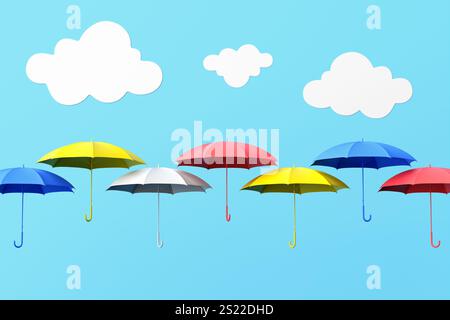 Bunte Regenschirme, die im blauen Himmel mit Karikaturwolken schweben, ein Konzept für Versicherung, Sicherheit und Schutz. 3D-Rendering. Stockfoto