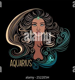 Aquarius Zodiac Schild mit wunderschönem Mädchenporträt Stock Vektor