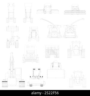 Sammlung von Zeichnungen verschiedener Fahrzeuge, einschließlich eines Lkws, eines Traktors und eines Gabelstaplers. Vorder- und Rückansicht Stock Vektor