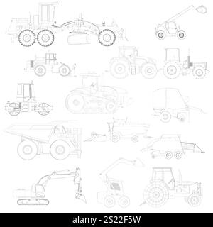 Sammlung von Zeichnungen landwirtschaftlicher Geräte. Die Zeichnungen sind alle in Schwarzweiß gehalten. Die Zeichnungen umfassen einen Traktor, einen Baggerlader, einen Planierschild und eine Müllkippe Stock Vektor