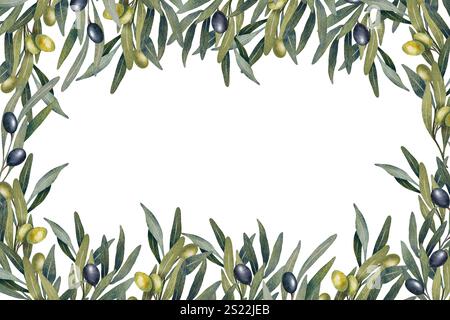 Handgezeichneter Rahmen aus Aquarell mit grünen Blättern, grünen und schwarzen Oliven. Vorlage im natürlichen botanischen Stil. Ideal für Verpackungen, Karten, Einladungen Stockfoto
