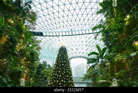 Üppiges Grün umgibt einen geschmückten weihnachtsbaum unter der beeindruckenden Glaskuppel des Jewel changi Airport Stockfoto
