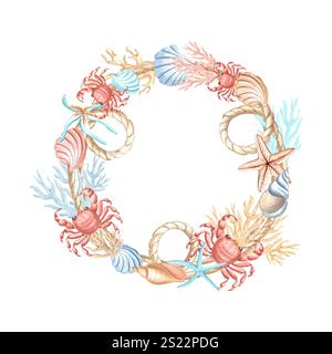 Krabben, Muscheln mit Korallen und Algen mit Sternenfischen. Rond-Rahmen. Handgezeichnete Aquarellillustration isoliert. Marineband mit Kopierraum Stockfoto