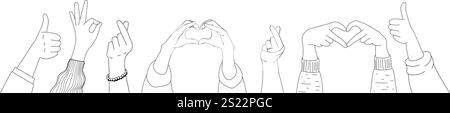 Kritzelskizze Hände hoch Gesten Comic Icons Silhouetten Vektor Set. Stock Vektor