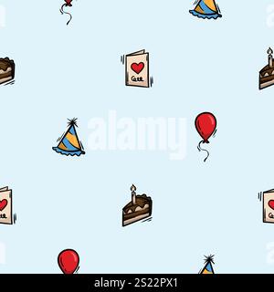 Heller Vektor nahtloses Muster mit Feiertagsattributen, Geburtstag, Ballon, Kuchen, Grußkarte. Editierbarer Hintergrund Stock Vektor