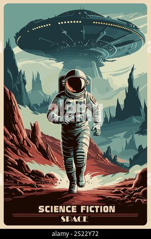 Raumfahrtplakat mit Astronaut im Raumanzug-Vektor Stock Vektor