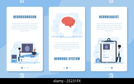 Neurologenkonzept. Set von Vorlagen für medizinischen Online-Service. Afrikanische Ärztin gibt virtuelle medizinische Beratung zu Hirnerkrankungen Stock Vektor