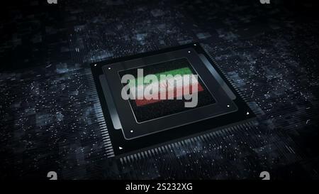 Die digitale Technologie des Iran markiert Cyber auf der Computer-CPU im Hintergrund. Illustration des iranischen Banners Cyberangriff und Spionage. Stockfoto