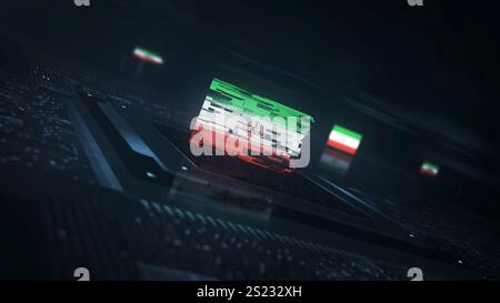 Die digitale Technologie des Iran markiert Cyber auf der Computer-CPU im Hintergrund. Illustration des iranischen Banners Cyberangriff und Spionage. Stockfoto